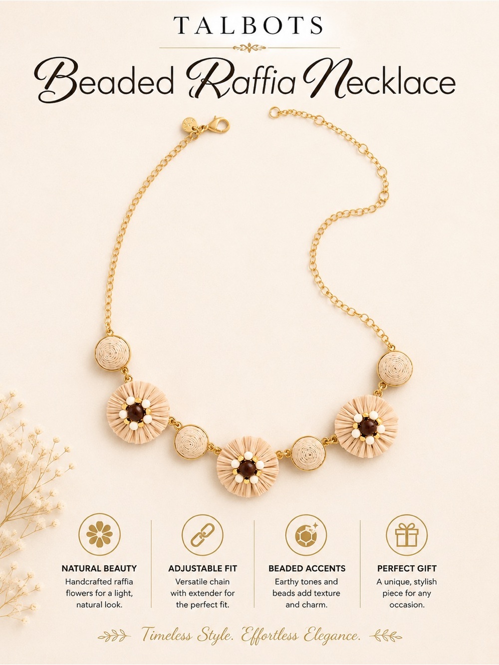 Talbots Beaded Raffia Gold, Brown and Cream Floral Necklace
